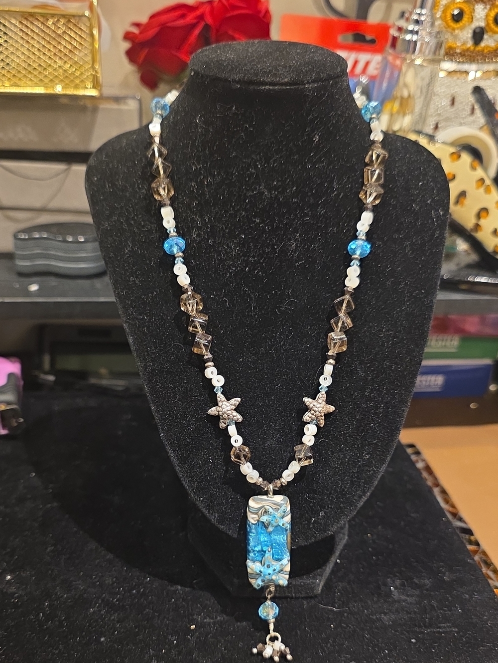 Blue Glass Starfish Pendant 925 Necklace with Beaded Strand